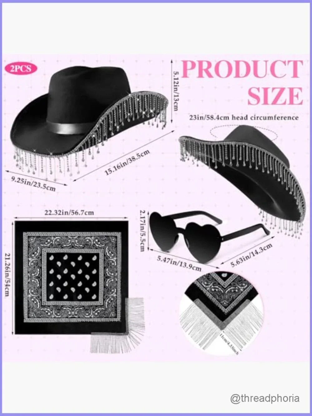 3-Piece Rhinestone Cowgirl Hat Set with Fringe Bandana and Heart Sunglasses